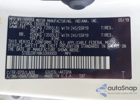 2019 Toyota Highlander Limited from USA, damaged, VIN 5TDDZRFH8KS999900